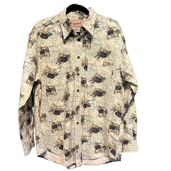 Woolrich Rugged Outdoor Shirt Long Sleeve Fishing Print Lake Vintage USA Large - Picture 2 of 10